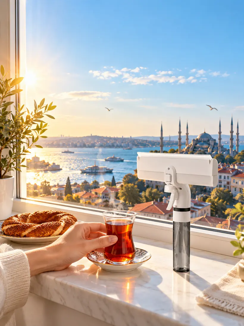Temiz camın ardında İstanbul sabahı ve çay
