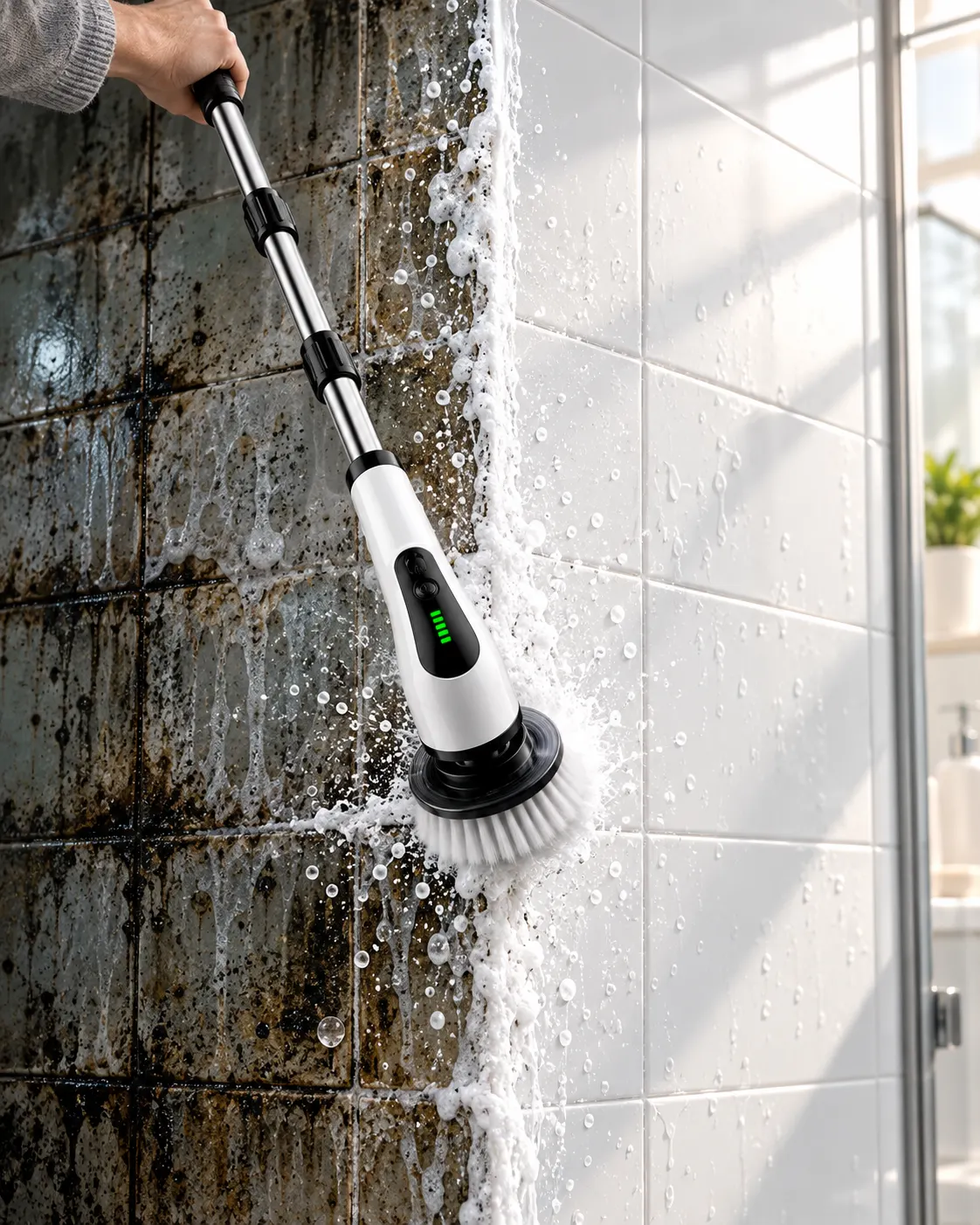 Solda kirli karanlık banyo duvarı, sağda bembeyaz temiz duvar, ortada dönen fırça